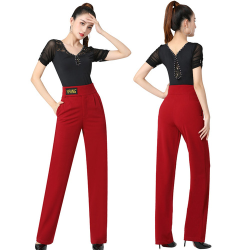 Dance Pants Women Long Pants Modern Dance International Standard Ballroom Dance Swing Jive High-Waisted Elastic Wide Leg Pants Square Dance Dancing Pants