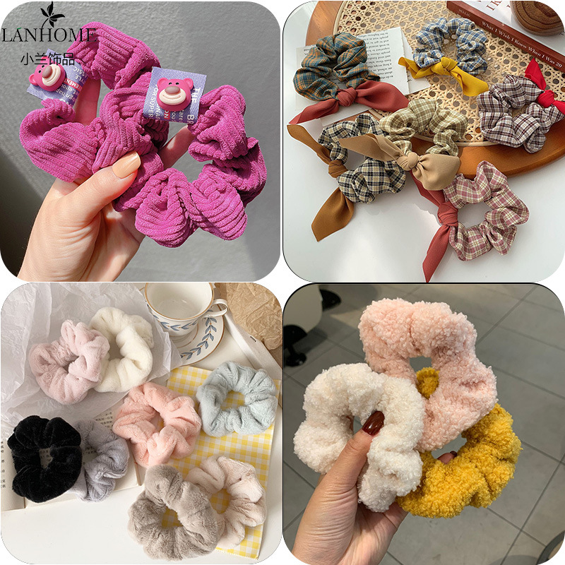 草莓熊大肠发圈秋冬毛绒女日韩系可爱头绳情侣发绳灯芯绒小发饰品