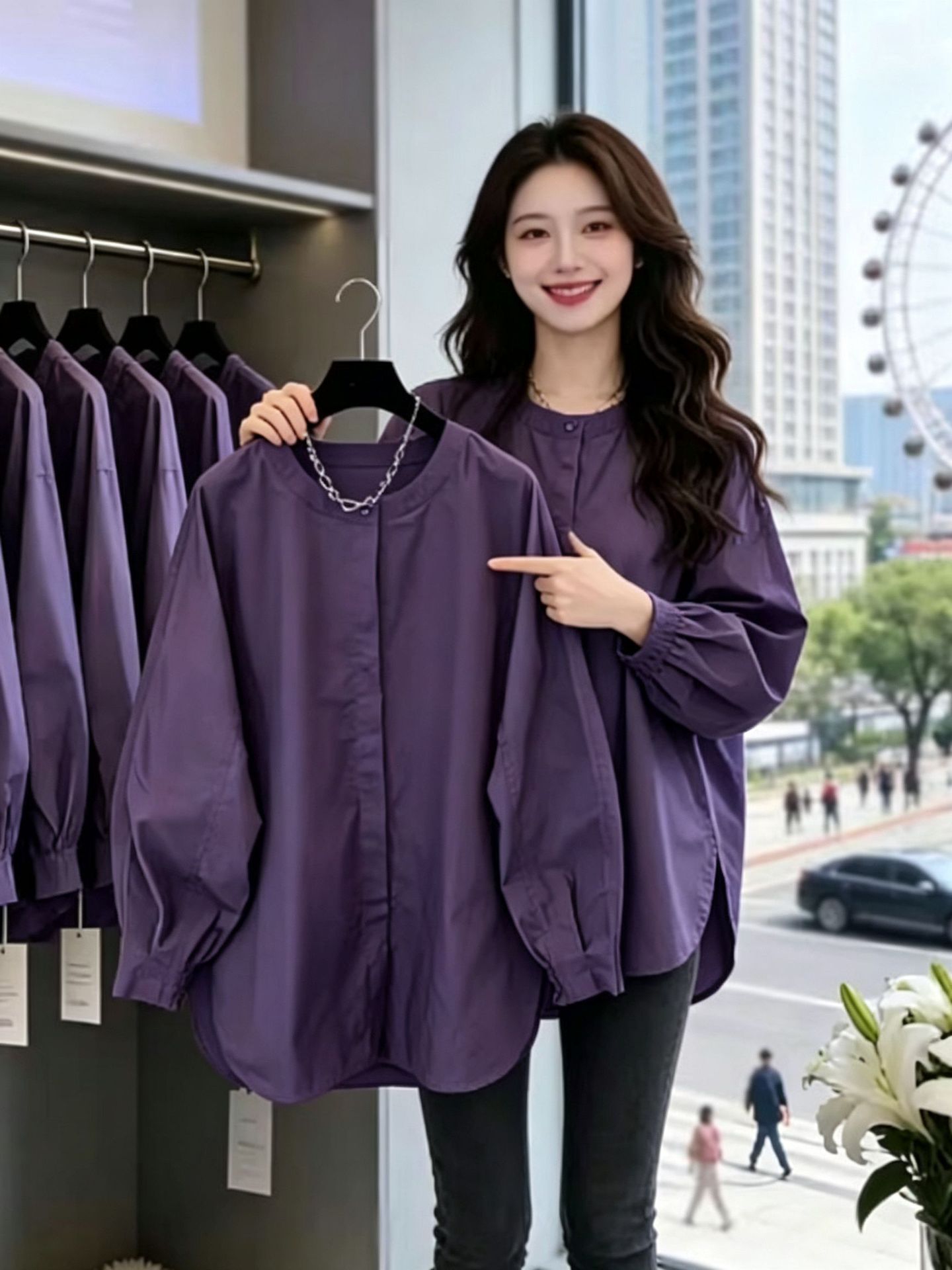 High-End Round-Neck Long-Sleeved Shirt for Women 2026 Spring New Style Plus Size Slimming Loose Casual Unique Top