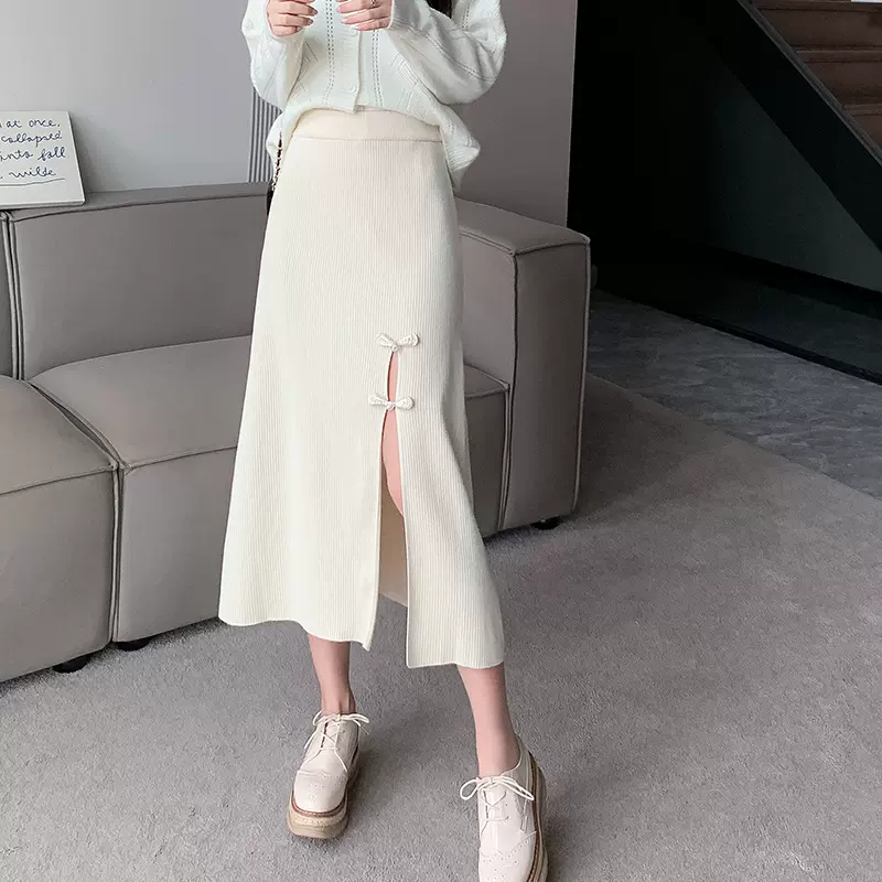 实拍新中式盘扣开叉半身裙女新款中长款高腰a字针织裙包臀毛线裙