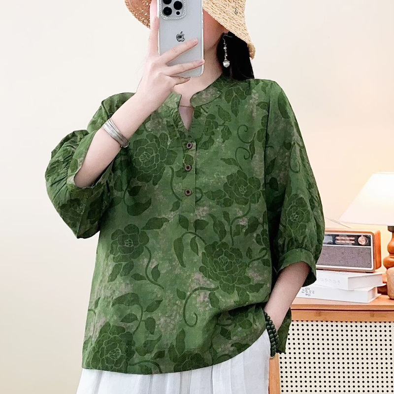 Summer New Cotton and Linen Printed Top Thin Elegant Elegant Collar Retro Artistic Medium Loose Mid-Sleeve Floral Shirt for Women