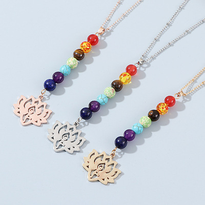 2pcs Colorful Natural Stone yoga meditation necklaces Colorful Bead Necklace Seven Chakra Yoga healing Necklace