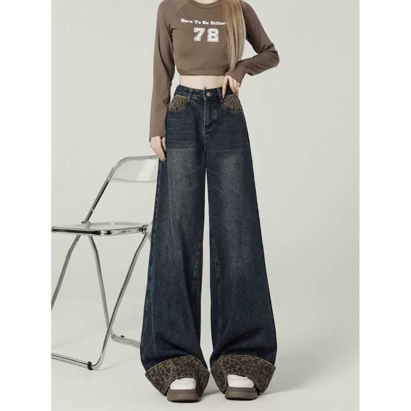 Designed Leopard Print Cuffed Wide-Leg Jeans for Girls, New High-Waisted Loose-Fitting Straight-Leg Floor-Length Pants That Are Popular This Year Designed Leopard Print Cuffed Wide-Leg Jeans for Girls, New High-Waisted Loose-Fitting Straight-Leg Floor-Length Pants That Are Popular This Year