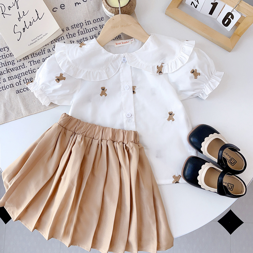 Children's cartoon bear suit summer Korean children's clothing girls fashion culottes boys shirt shorts two-piece wholesale