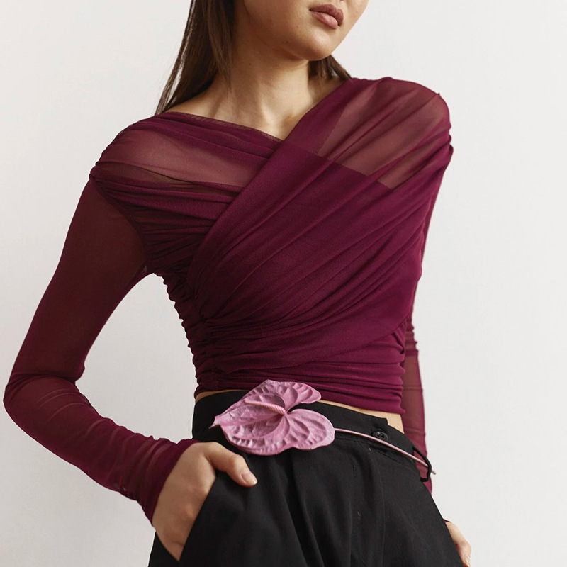 Y24Tp472 European and American Women's Autum Amazon New Pure Color Mesh Sexy Pleated Long-Sleeved T-Shirt Tops for Women