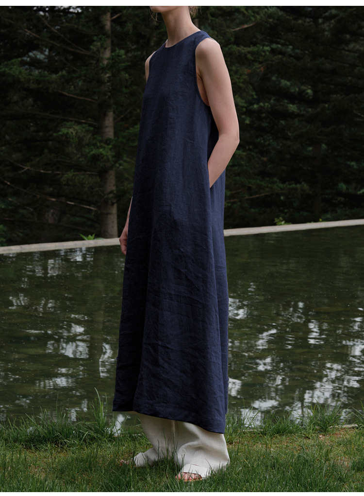 Cotton Linen Maxi Dress Summer French Pastoral Sleeveless Backless Hollow Out Cutout Niche Casual Loose Maxi Dress