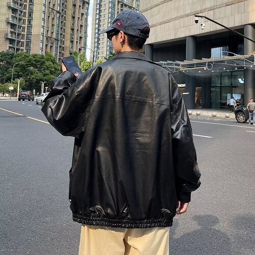 Vintage Hong Kong Style Collar Biker Jacket  New Retro Casual Cool Loose Collar Black Leather Jacket for Men