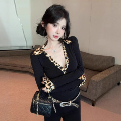 美式时尚设计感豹纹拼接polo领深V早秋T恤修身收腰显瘦百搭上衣潮