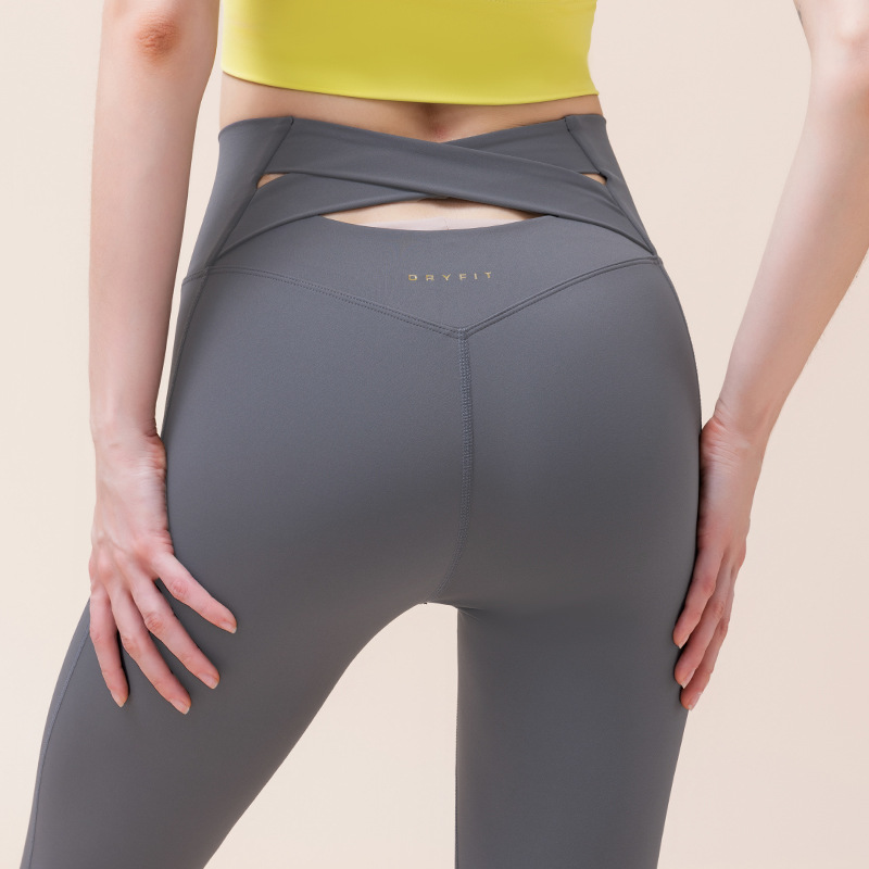 Pantalones de ropa de yoga desnudos para mujer, espalda cruzada, cintura alta ajustada de alta gama, cadera elástica, ropa deportiva de secado rápido, pantalones de fitness