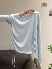 浅蓝色凉感防晒罩衫褶皱修身T恤女2025夏季新款收腰微透薄款上衣