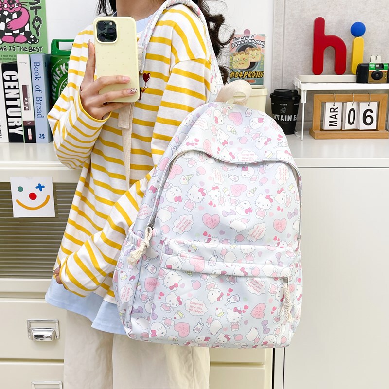 Simple Casual Backpack, Cute Cartoon Print Hello Kitty Lightweight Computer Bag, Commuting Storage Student School Bag