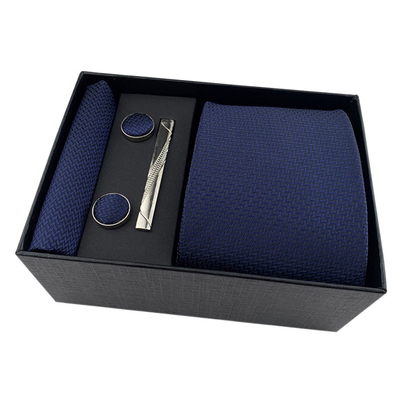 2025 nueva caja de regalo negra de negocios para hombres, corbata lisa a rayas, bufanda de bolsillo, clip de corbata, traje de regalo