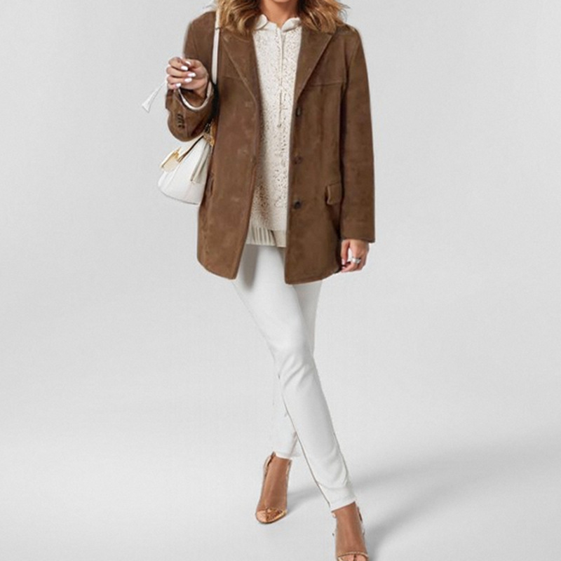 Cross-border 2024 Autumn/Winter New European And American Women's Fashion Elegant Retro Brown Loose Pocket Long Sleeve_ecoleips.com
