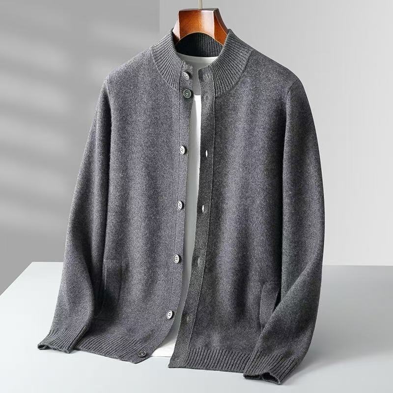 Autumn and Winter New Men's 100 Pure Wool Cardigan Vertical Collar Simple Urban Outer Wear Knitwear Thickened Coat Sweater
