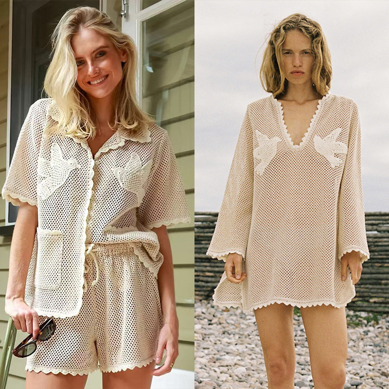 French Niche 2025 Early Spring Crochet Bird Jacquard Fashionable Modern Mesh Hollow Shorts Women's Suit 25061