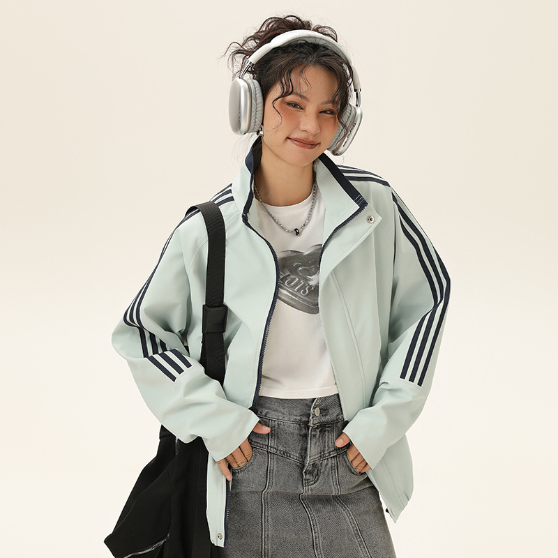 American Style vintage Stand Collar Jacket Men's Spring and Autumn Youth Campus Style Side Stripe Sports Casual Jacket