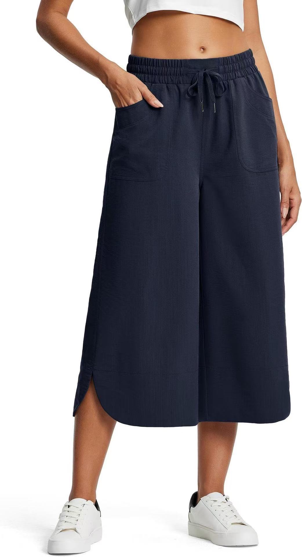 Women's Solid Color Wide Leg Capri Pants Spring Summer Elastic Waist Casual Relaxed Everyday Wear Comfortable Feshion_ecoleips.com