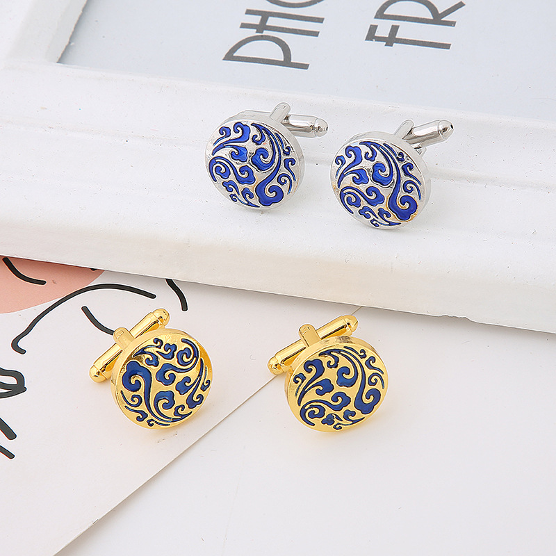 AliExpress new round blue and white porcelain pattern cufflinks graphic paint fashion French men's shirt