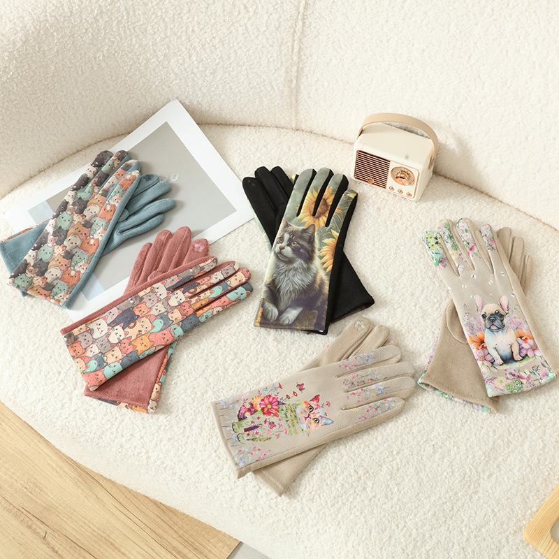 Gato lindo 3D pintura al óleo guantes de seda estilo japonés mujer invierno grueso guantes de calor al por mayor