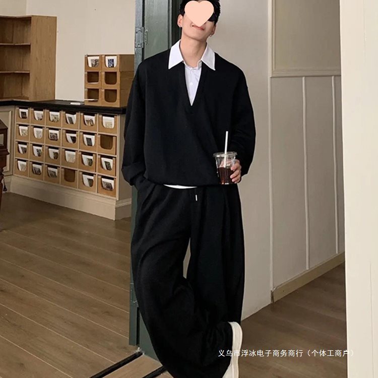 韩系早秋穿搭一整套衬衫领假两件卫衣搭配休闲宽松卫裤运动套装男|undefined