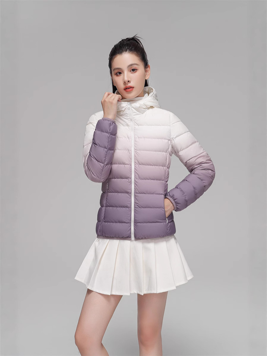 Transfronterizo Tik Tok otoño y invierno nuevo 90 camisa de plumón ligera cuello con capuchón de color gradiente de gran tamaño blanco
