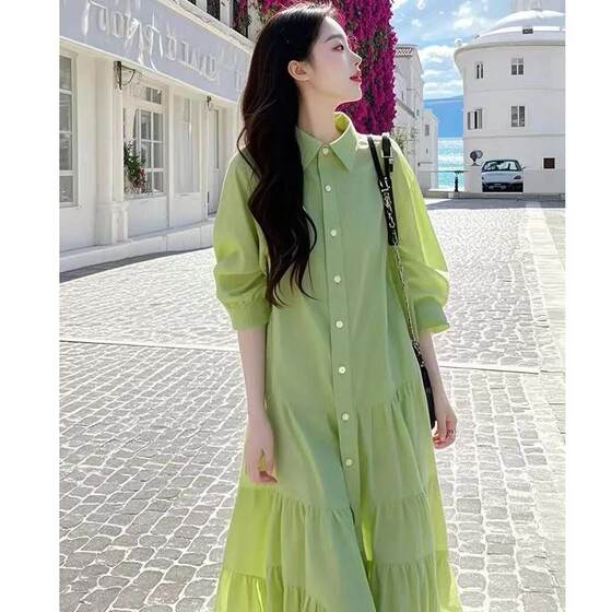 2025 spring dopamine beautiful unique beautiful high-end feeling small fragrant style green ruffle shirt dress women