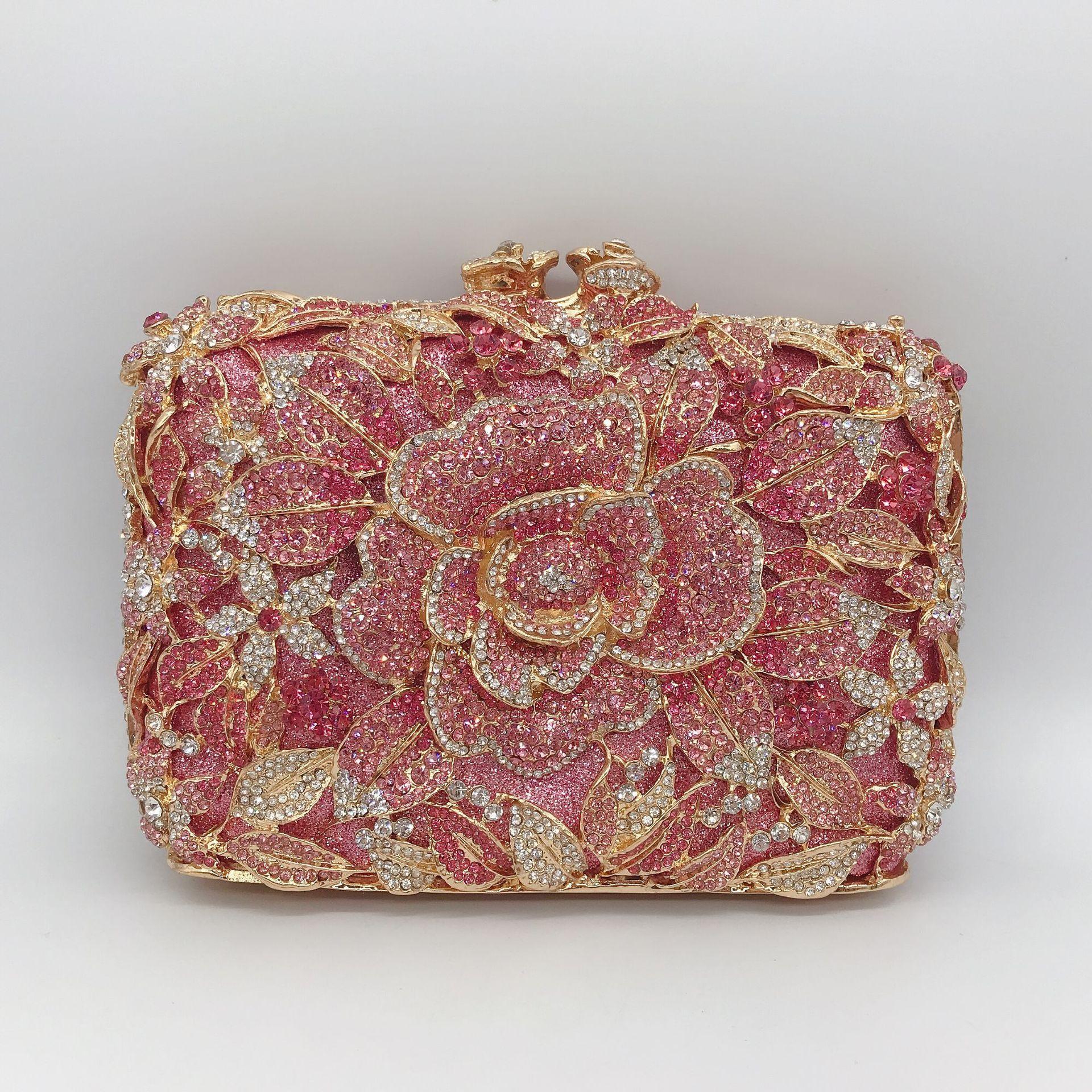 Bolso de cristal estricto pastel rosa con diamantes bolso de banquete bolso de diamantes perforado bolso de mano de mujer