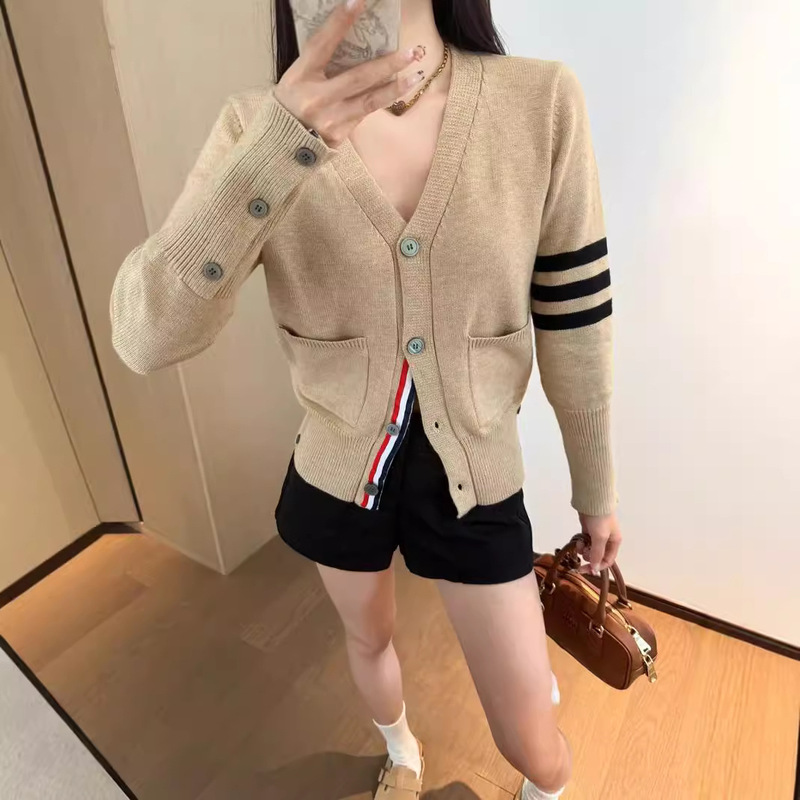 Contrast Color V-Neck Sweater Cardigan for Women 2025 New Style Preppy Style Knitted Sweater Jacket Top Long Sleeve Mid-Length