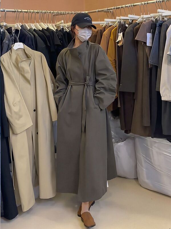 Korean Style Super Mid-Length Loose Waist Belt Stand Collar Lapel British Lazy Style Windbreaker Jacket for Women Spring & Fall