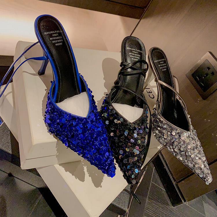 2022 New stiletto ankle strap sandals blue silver high heels fashion women's shoes for foreign trade