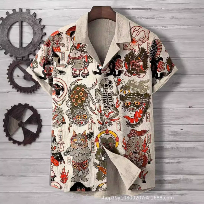 Мужская винтажная рубашка с коротким рукавом, комфортным кубинским воротником, четырехсторонним стрейчем и принтом, модная уличная одежда, трансграничная поставка с фабрики.