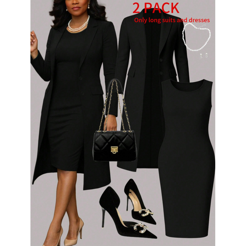 European and American Style Solid Color Long-Sleeve Blazer + Versatile Slim-Fit Mid-Length Dress Two-Piece Set