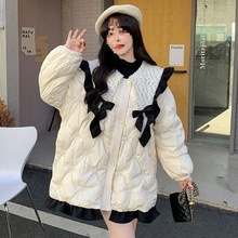 羽绒棉服女冬季新款刺绣蝴蝶结中长款面包服甜美学院风棉袄外套潮