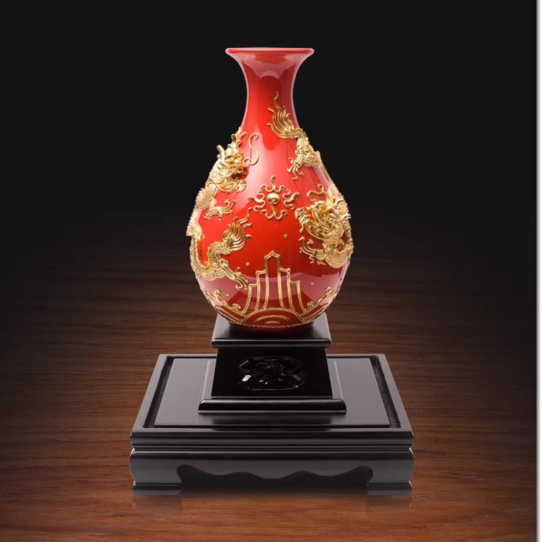 漆线雕双龙戏珠花瓶摆件中式客厅装饰品生日乔迁礼物实用商务礼品