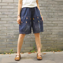 日系森女系 夏季新品复古松紧腰卡通字母刺绣水洗牛仔短裤女五分