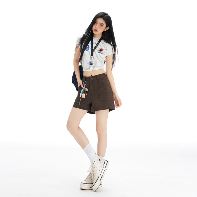 Shangya's New Brown Coffee-Colored American Retro High-Waisted Wide-Leg Work Shorts for Women, Slimming and Sweet-Cool Hot Pants