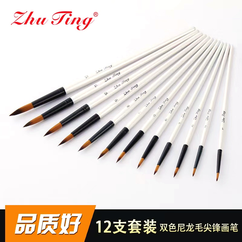 Ventas directas de fábrica 12 Shell blanco varilla acuarela pluma Traje de dos colores de pelo de nylon señaló cepillo suministros de arte