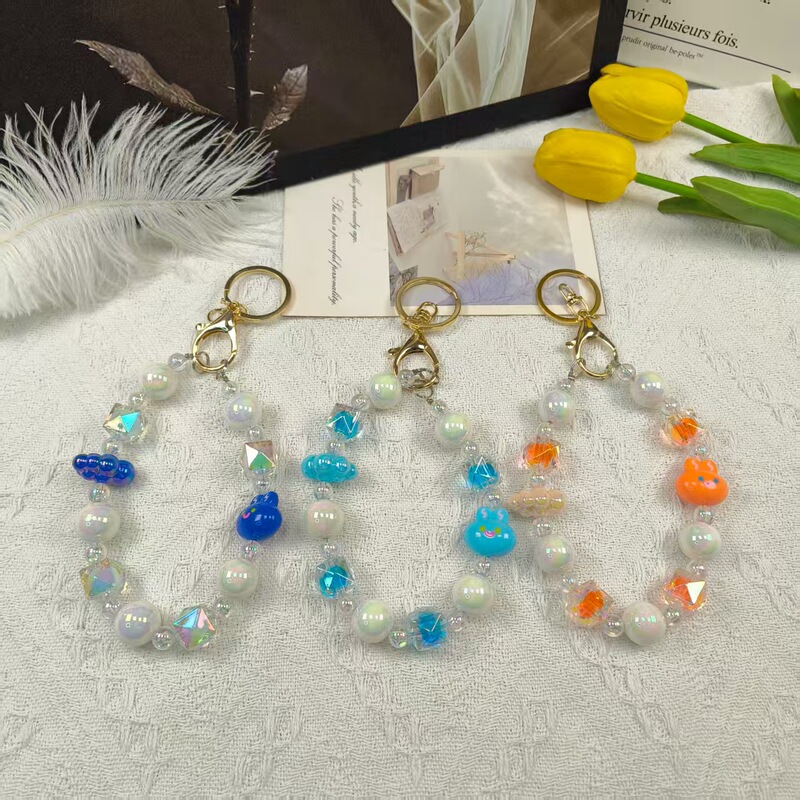 Dopamine Macaron Bunny Beaded Keychain, Iridescent Pearl Candy Color Cute Girl's Bag Pendant Accessory Dopamine Macaron Bunny Beaded Keychain, Iridescent Pearl Candy Color Cute Girl's Bag Pendant Accessory