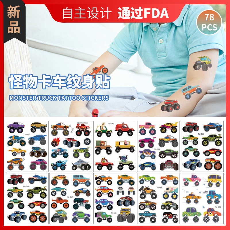 Monster truck tattoo stickers waterproof boys and girls cartoon cute car disposable temporary stickers wholesale