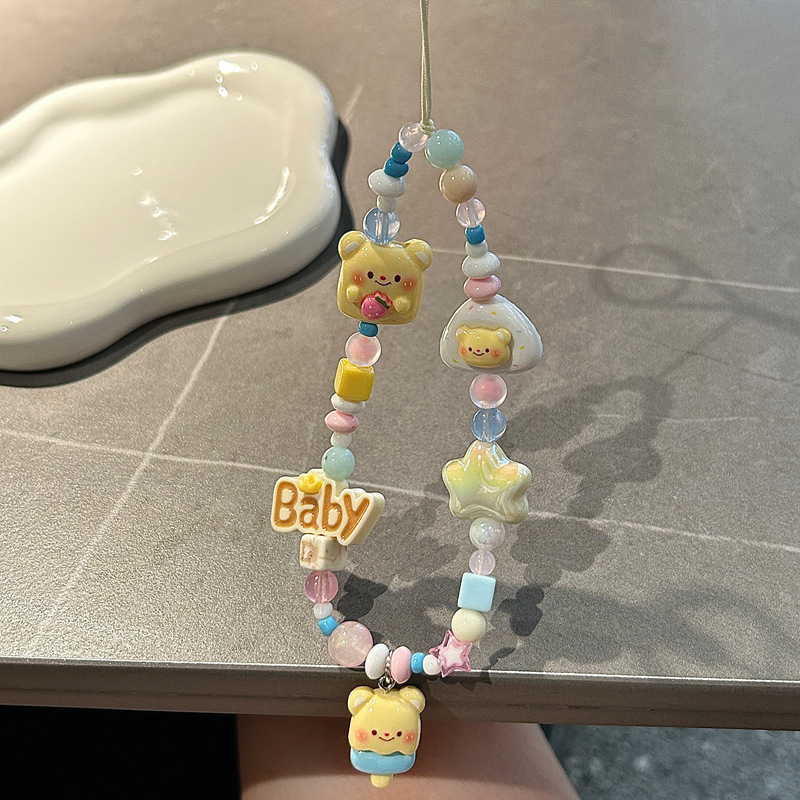 Ins Super Cute Cartoon Butter Bear Mobile Phone Chain Lanyard Cute DIY Beaded Camera Pendant Key Bag Bag Pendant