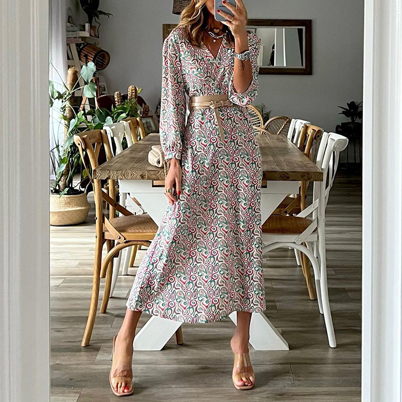 V-neck long-sleeved bohemian style print dress NSONF136975