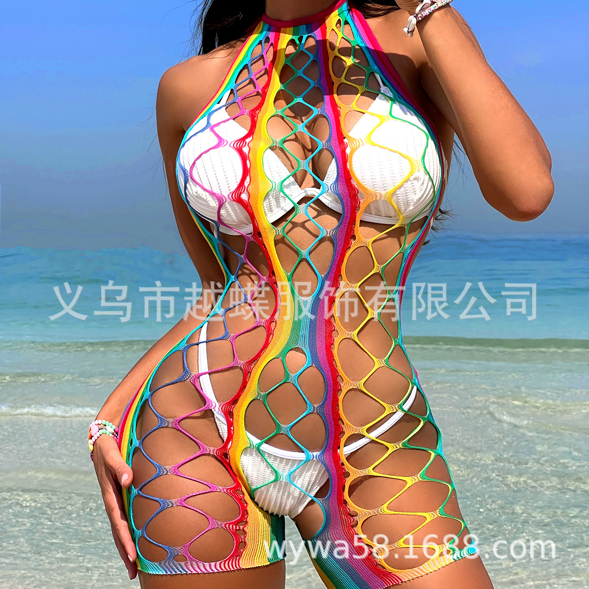 Nuevo trajes de baño elásticos transfronterizos, redes de pesca agujeradas, color apretado, arco iris yDC22