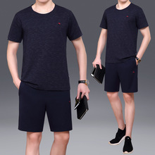 夏裝套裝時尚休閑薄款中年男士夏季兩件套跑步運動服圓領T恤冰絲