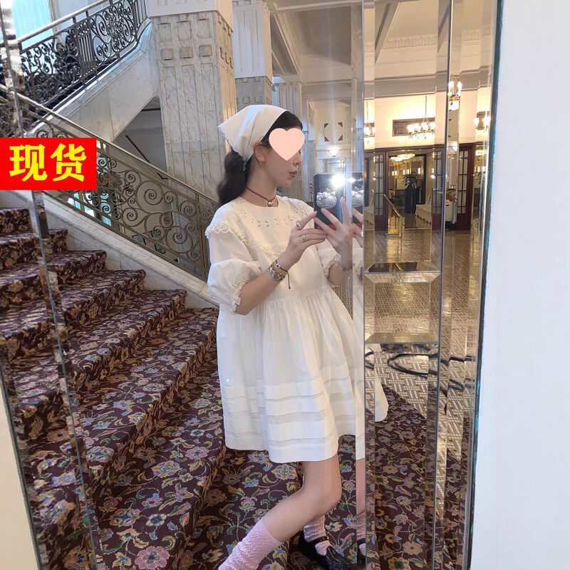 Le Rouge Zhou Meimei Retro Girly Multi-Layered Pleated Lace Embroidered Three-Quarter Sleeve Dress