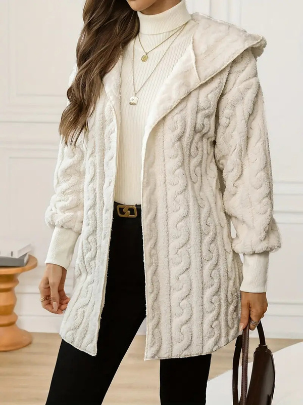 25 European and American Cross-Border Foreign Trade Women's Clothing Elegant Cream-Colored Hooded Sweater Jacket Warm Casual Jacket
