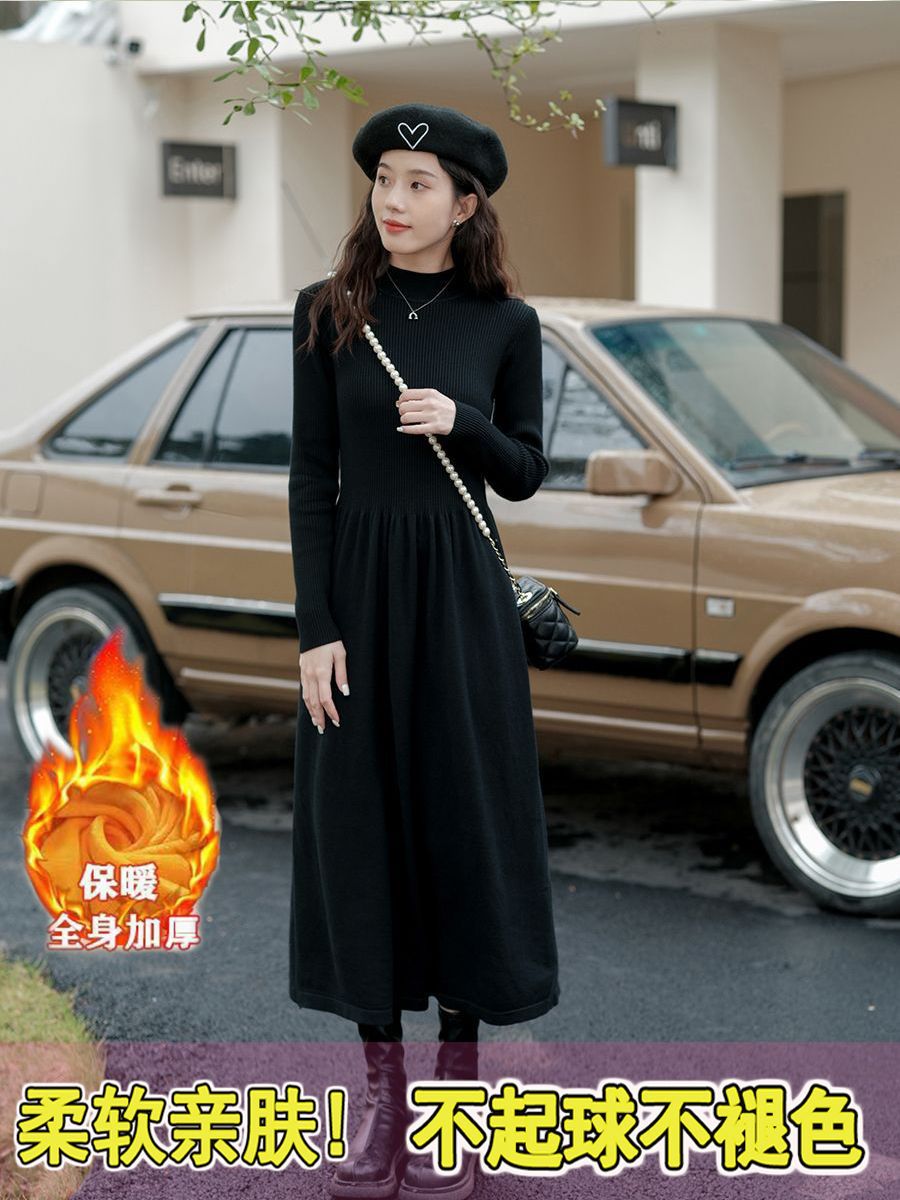 小黑裙过膝内搭针织毛衣裙打底配大衣法式连衣裙秋冬加厚长款厂家