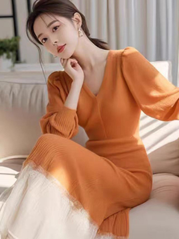 秋季女装2025年新款橘色针织连衣裙子上流社会独特漂亮设计感长裙|undefined