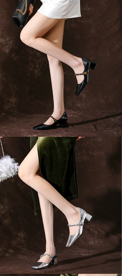 Giày Mary Jane nữ mũi vuông gót thô 3–6 cm da cừu mềm có dây xích — Màu bạc, Màu đen, Màu đỏ rượu chi tiết 7