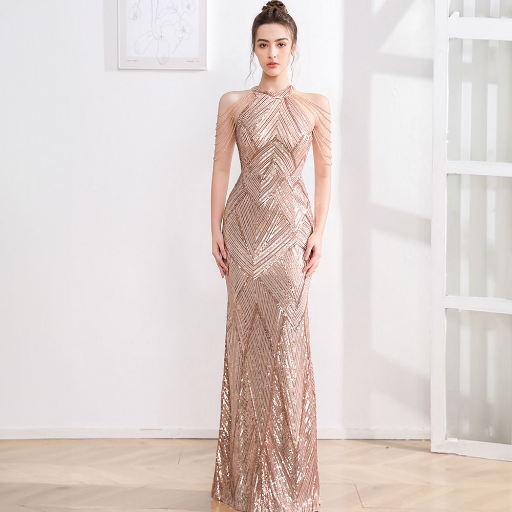 Abbigliamento da donna Abito da sera elegante e leggero stile dea di lusso di alta qualità nobile signora banchetto sera lungo sottile abito a sirena_voghion.com