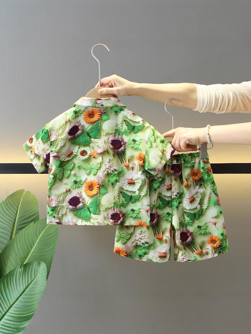 7874 traje de manga corta de verano para niños 2025 nueva camisa para niños de dos piezas ropa de vacaciones de verano para bebés de moda image 4